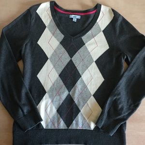 IZOD Argyle V-neck Sweater, Dark Grey/Cream/Pink